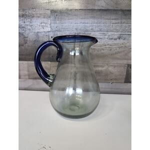 1 HAND BLOWN Clear Glass Pitcher With Cobalt Blue Handle & Rim (9 3/4" Tall)